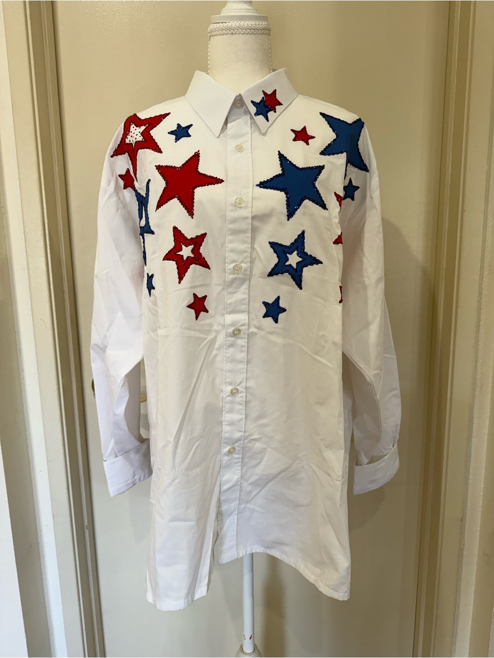 Wayne Scott Vintage White Button-Up Shirt With Red White & Blue Stars Logo XL